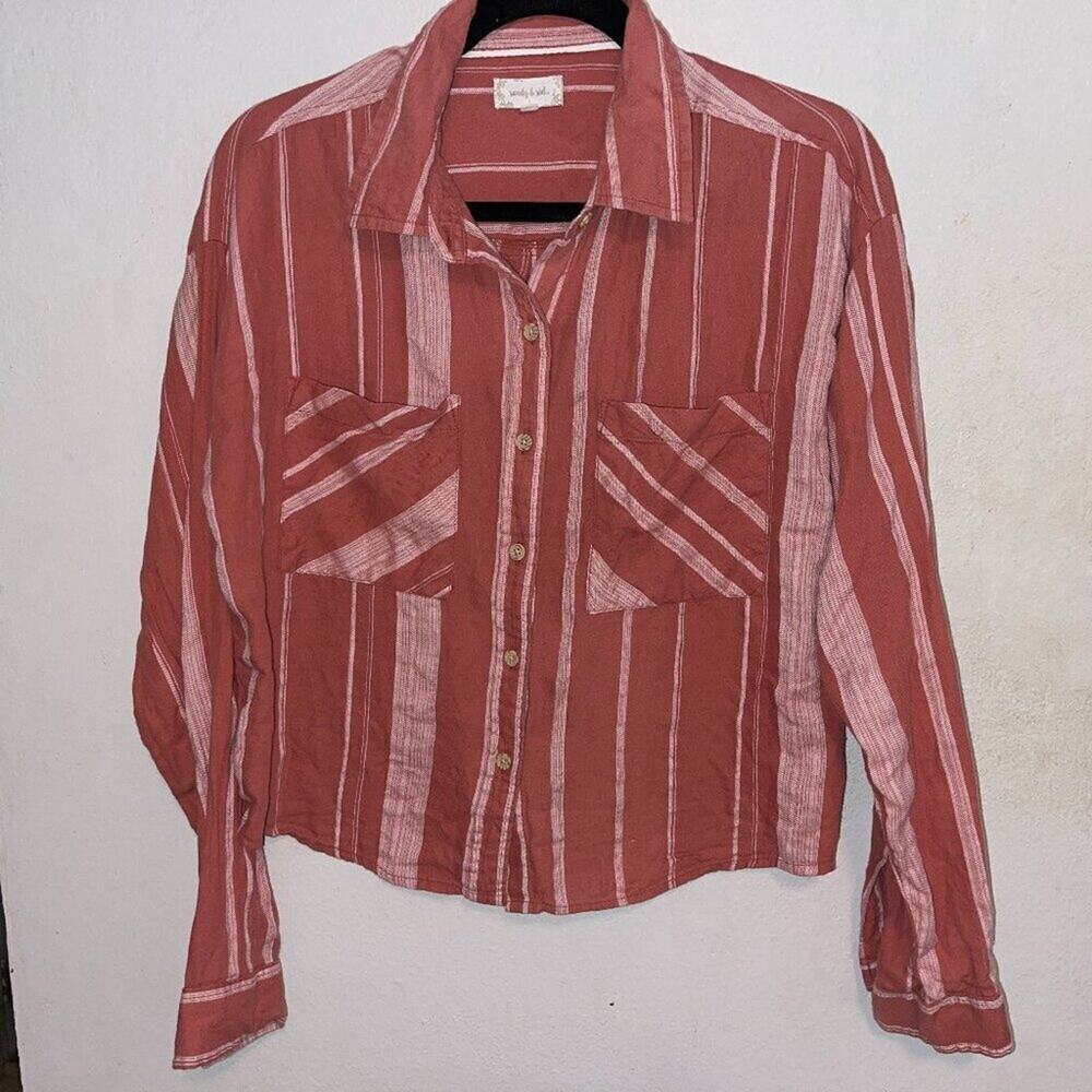 Sandy & Sid Womens L Orange White Stripe Cotton Button Down Shirt Boxy Pocket